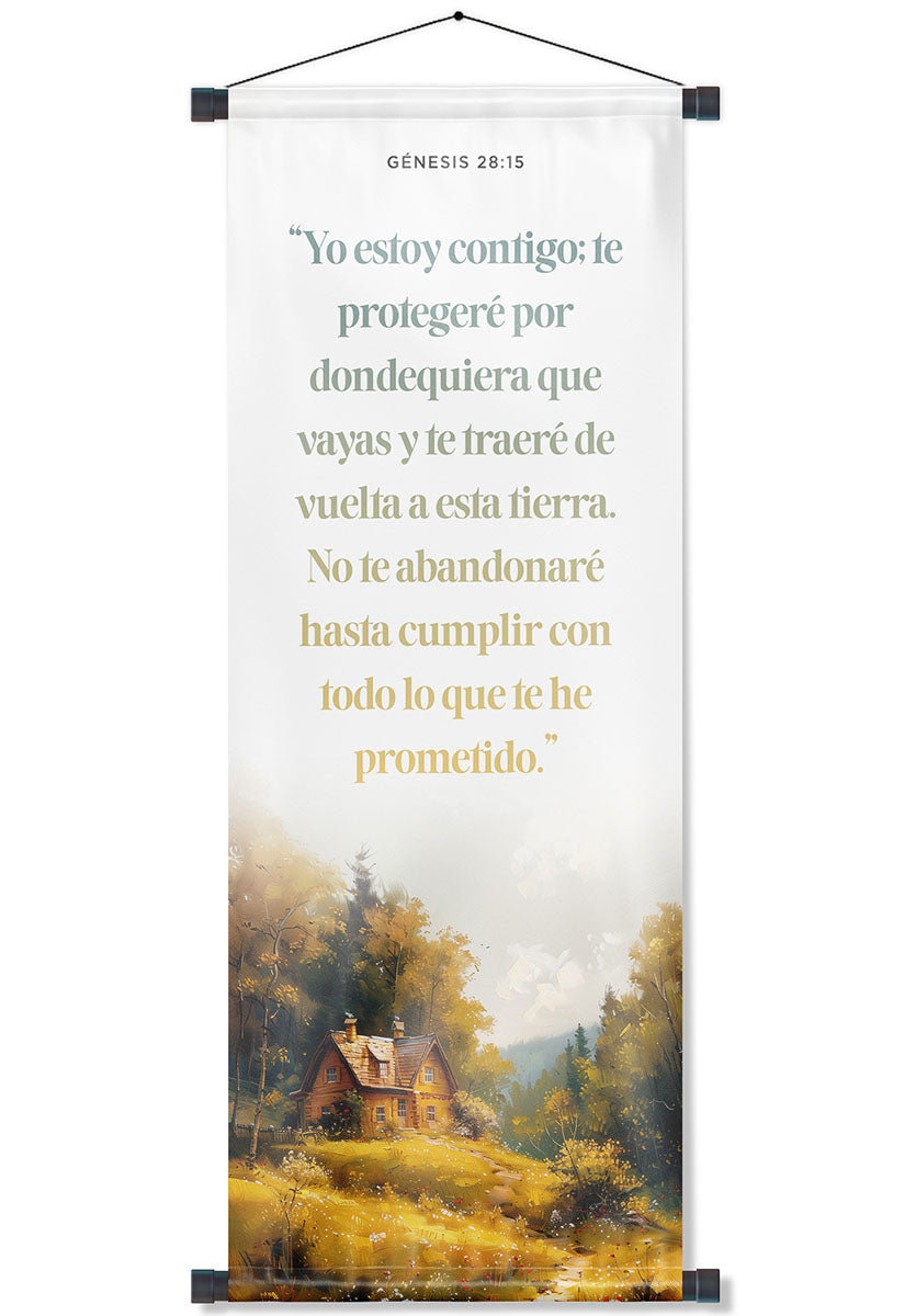 Banner cristiano Génesis 28:15 – versículo bíblico en español, 40 x 100 cm