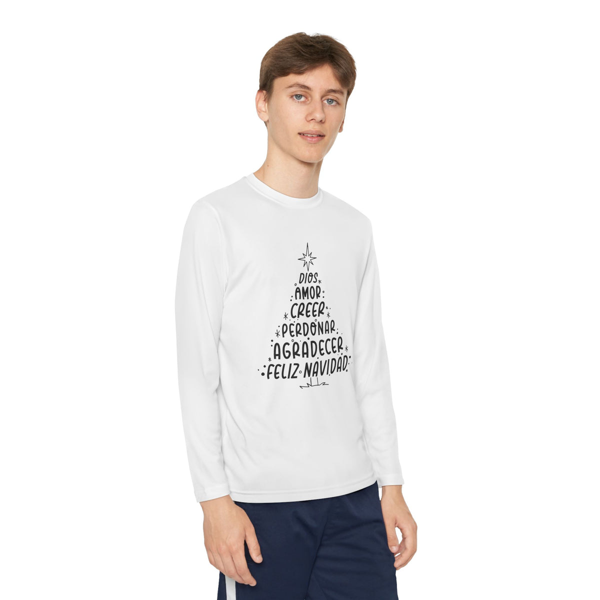 Youth Long Sleeve Competitor Tee Arbol Navidad – ropa cristiana para niños
