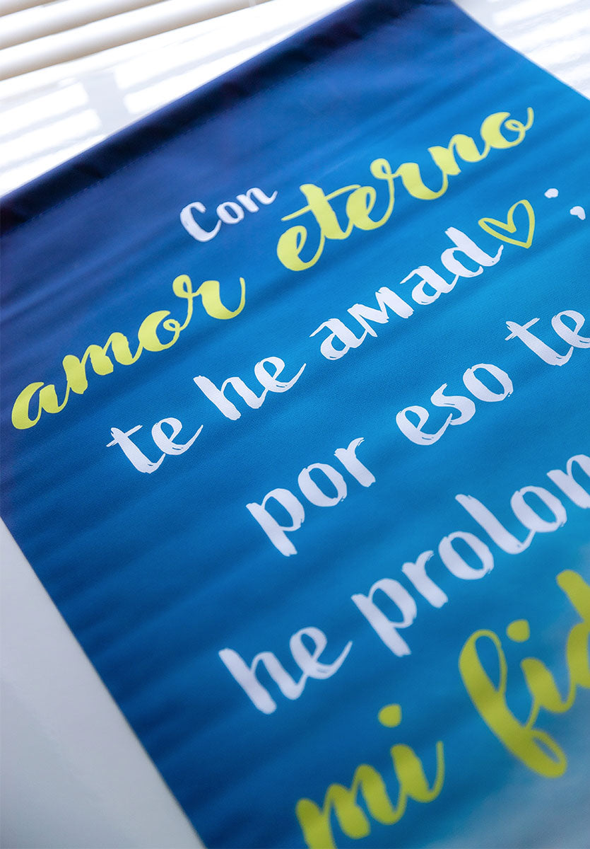 Banner cristiano Jeremías 31:3 – versículo bíblico en español, 40 x 100 cm