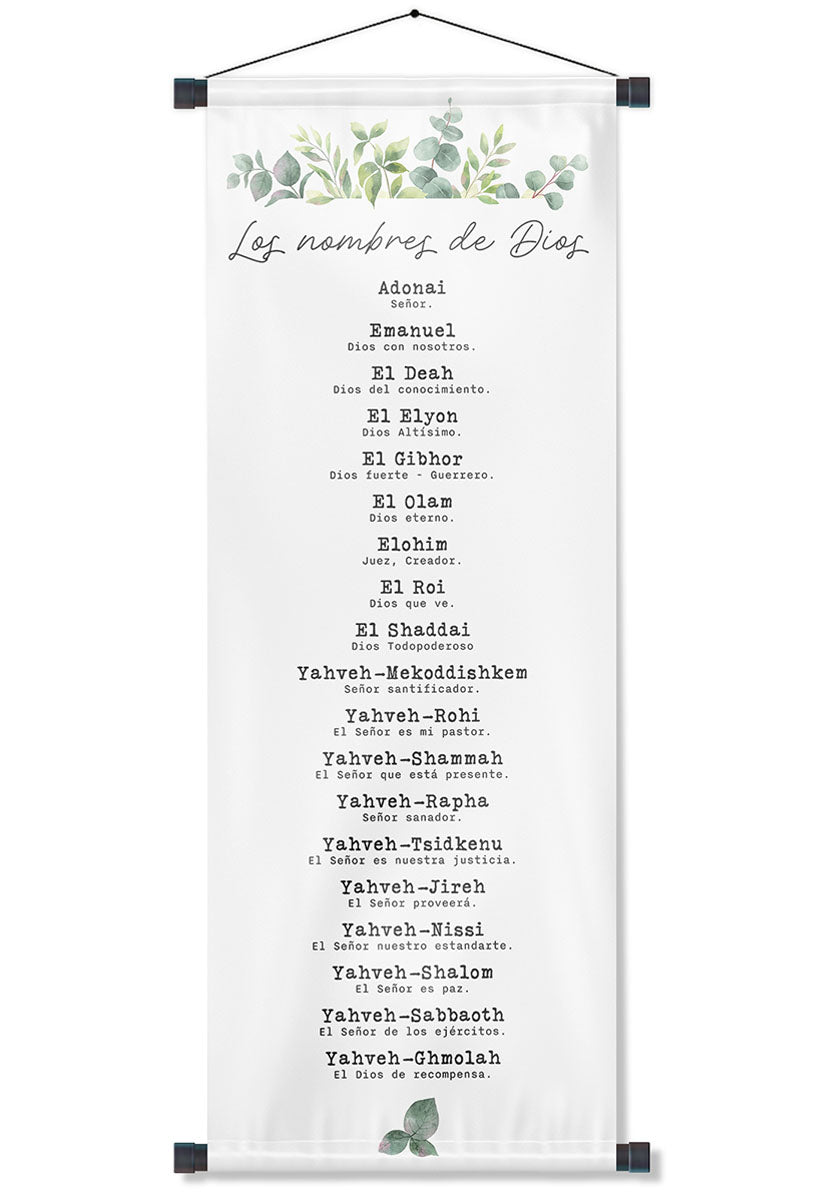 Banner cristiano Nombres de Dios – versículo bíblico en español, 40 x 100 cm