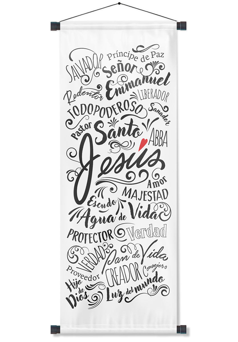 Banner cristiano Nombres de Jesús – versículo bíblico en español, 40 x 100 cm