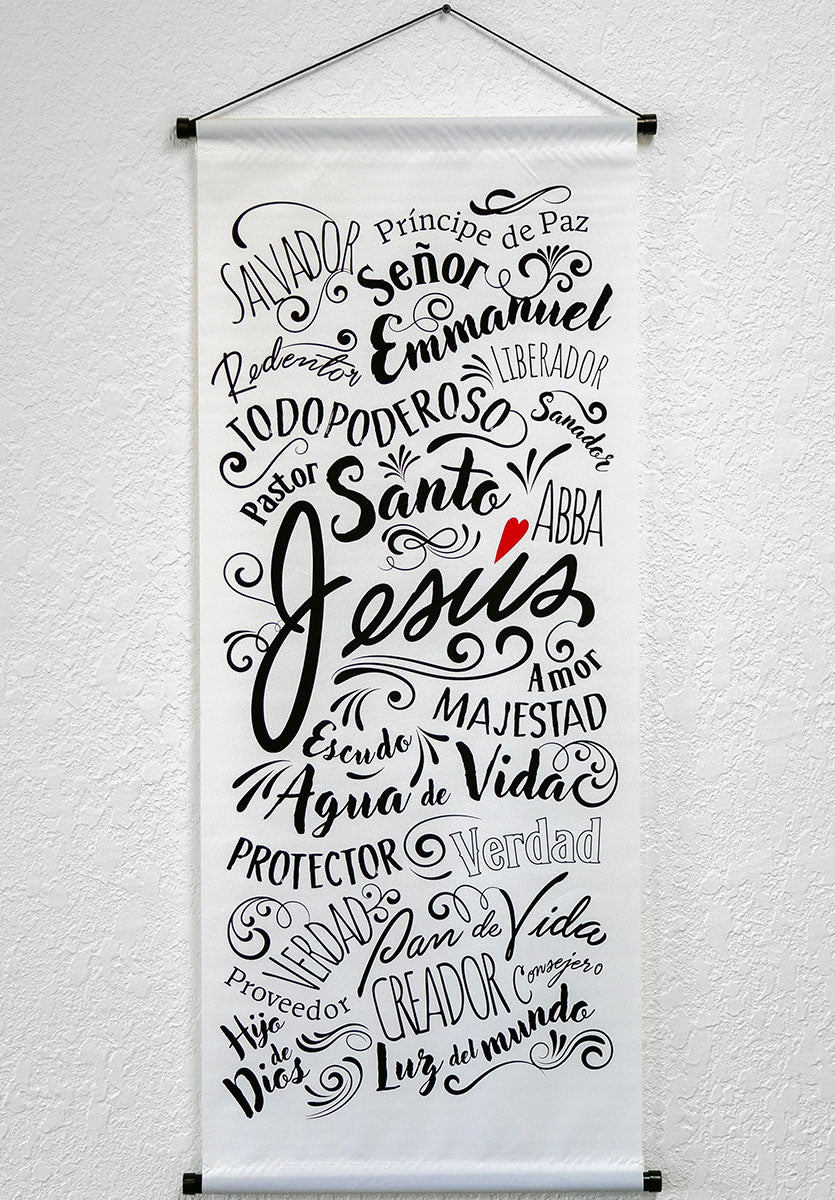 Banner cristiano Nombres de Jesús – versículo bíblico en español, 40 x 100 cm – foto 2