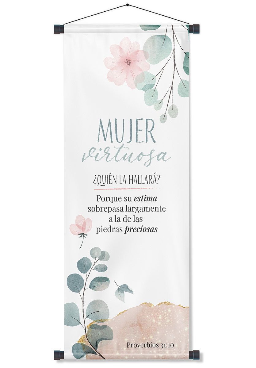 Banner cristiano Proverbios 31:10 (blanco) – versículo bíblico en español, 40 x 100 cm